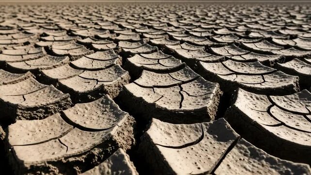 Expansive panoramic view of a dry cracked desert floor under the hot sun. A powerful visual metaphor for drought, climate change and global warming environmental issues
