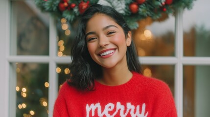 Latina woman laughing joyfully near a decorated window adorned with holiday wreaths and lights, wearing a cozy red sweater with festive lettering, radiating warmth and cheer