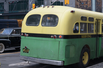 Fototapeta premium vintage coach or bus at a film set on Bay St, Toronto