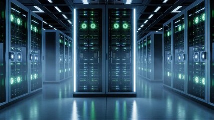 Futuristic data center with rows of server racks and glowing green lights. Modern server room interior for cloud computing and big data storage technology concepts