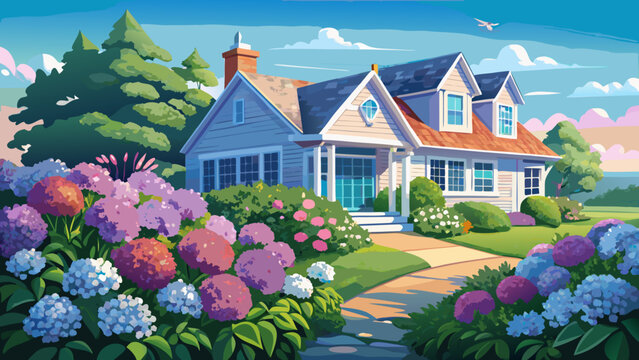 Very beautiful coastal residence featuring a charming private home surrounded by lush blooming hydrangeas, soft natural light, and a serene New England garden atmosphere perfect for elegant summer sce