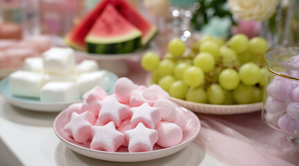Pink star shaped marshmallows on a festive dessert table
