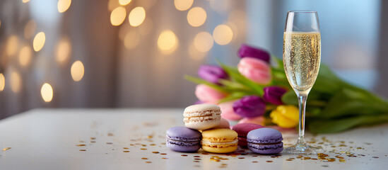 A glass of champagne with colorful macarons and a bouquet of tulips with copy space