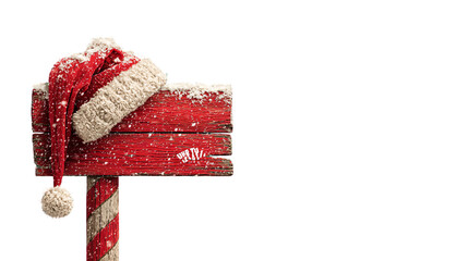 Santa hat and snowy red wooden signpost with festive pole