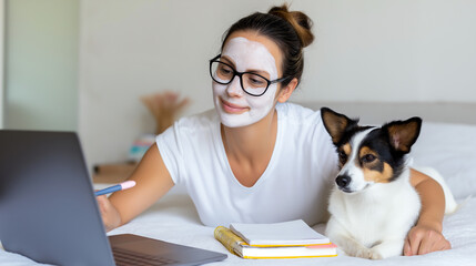 Young woman with a cosmetic face mask working on a laptop in bed with her pet dog
