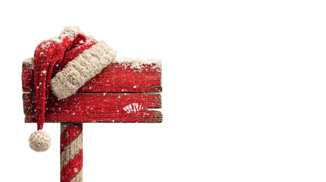 Santa hat and snowy red wooden signpost with festive pole