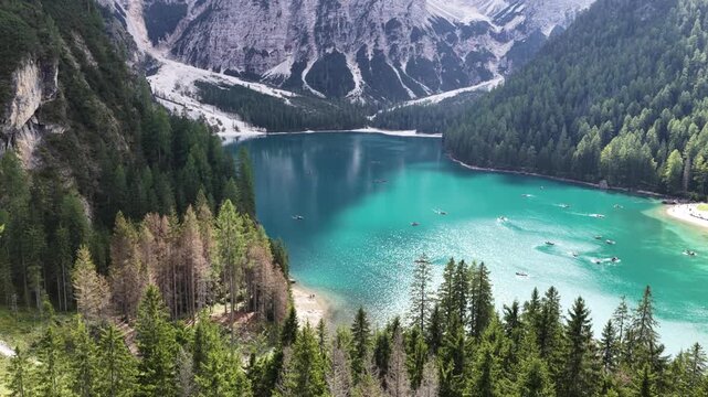 Cinematic aerial video of the Lago di Braies in the Italian Dolomites