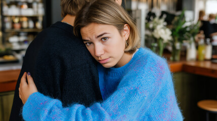 Young sad woman embracing a man for support and comfort