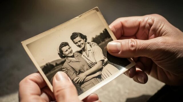 Close up of senior hands holding a vintage black and white picture of a young couple. Concept of nostalgia, family history, and remembering precious moments from the past