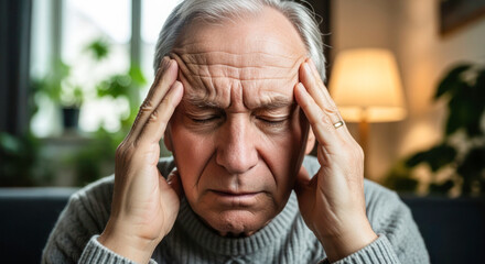 Senior man with gray hair is holding his head in distress, sitting in a cozy living room with soft lighting and plants, conveying emotional struggle
