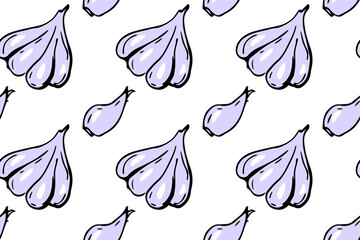 Seamless pattern with garlic. Repeated background for wallpaper, wrapping, packing, textile. Garlic pattern. Whole garlic clove and cloves. Farm products. Healthy vegetable background. Repeated print.