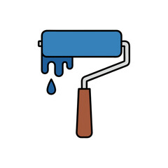 A Blue Paint Roller With Dripping Blue Paint and a Brown Handle on a Black Background