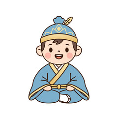 Chibi Boy Wearing Traditional Blue Chinese Clothing and Hat Sitting on a Black Background