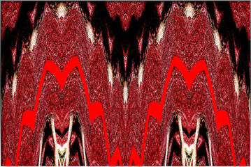 This abstract composition presents a symmetrical design in vivid red hues, blending organic curves with geometric precision to create a visually arresting effect.