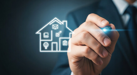 Business professional is illustrating smart home technology concepts with digital icons, showcasing innovation and connectivity in modern living spaces
