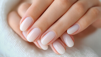 Fototapeta premium Elegant manicured hands with soft pink nails resting on a textured fabric, showcasing beauty and self-care in a serene environment