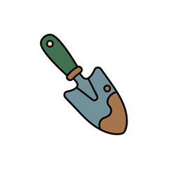 A Hand Trowel With Green Handle And Blue Metal Blade Covered In Brown Soil On A White Background Sticker Style Vector Art
