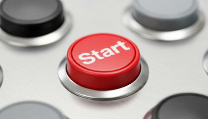 Red start button prominently displayed among various control buttons, symbolizing initiation and action in a modern technological environment