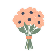 A Flat Vector Art Sticker Style Bouquet Of Peach Colored Flowers Tied With A Coral Ribbon Surrounded By Green Stems And Leaves On A Transparent Background.