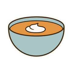 A light blue bowl filled with orange soup and topped with a swirl of white cream creating a comforting autumn meal presented as a simple illustration on a transparent background.