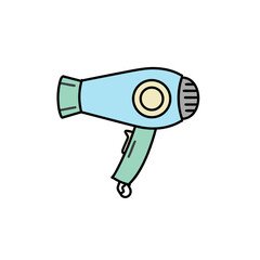 A light blue hairdryer with a beige and light blue circular accent and a light green handle rests on a black background in a simple cartoon style