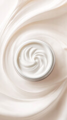 Creamy moisturizer in a glass jar swirled on a soft, silky background, showcasing luxurious skincare and beauty product presentation