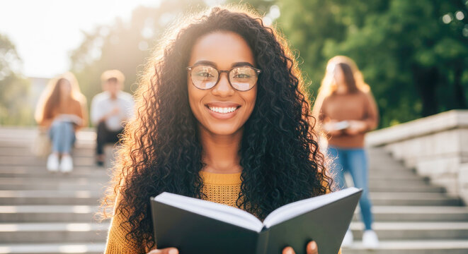 Young woman student with curly hair is reading a book outdoors on steps, surrounded by peers, showcasing a moment of learning and engagement in education