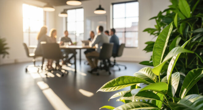 Group of professionals engaged in a collaborative meeting around a conference table, with lush greenery and warm sunlight enhancing the atmosphere