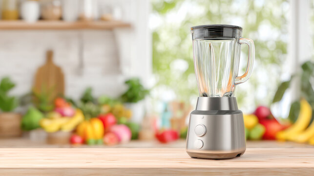 Modern kitchen blender on wooden countertop with fresh fruits and vegetables in the background, showcasing vibrant colors and culinary potential