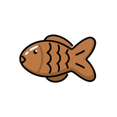 A Simple Brown Fish Illustration with Black Stripes and a White Eye in a Flat 2D Vector Art Style Against a Black Background