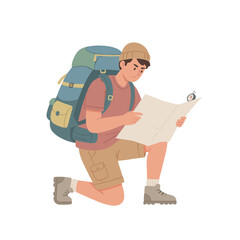 Adventurous Male Traveler Kneeling Outdoors Studying a Map Wearing a Backpack and Hat with Outdoor Nature Scenery and Subtle Compass Detail