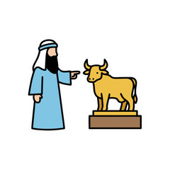 Ancient Man in Blue Robe Points to Golden Bull Statue on Pedestal in Simple Flat Vector Art Style with Clear Outline and White Border Against Black Background
