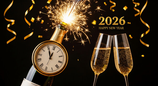 Image shows golden champagne bottle with clock, two glasses, sparkler, and 2026 year text on black. It represents New Year's Eve celebration - Powered by Adobe