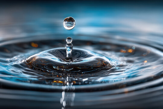 Closeup of single water droplet falling into rippled water surface