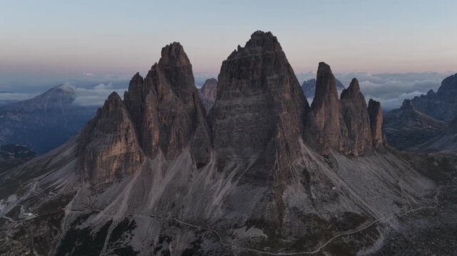 Cinematic aerial video of the Tre Cime mountain in the Italian Dolomites