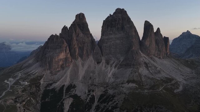 Cinematic aerial video of the Tre Cime mountain in the Italian Dolomites