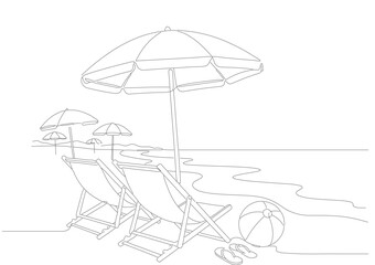 Continuous single line drawing of drawing of alls chairs and beach umbrellas summer concept