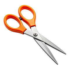 Sharp metal scissors with bright orange handles isolated on black background.