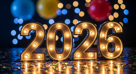 Illuminated number '2026' on a surface with confetti, against blurry balloon and light background, suggesting a new year celebration or achievement