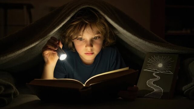 Focused young caucasian boy reading a book by flashlight under a blanket fort. Childhood imagination and storytelling for literacy and educational concepts. Wide panoramic banner