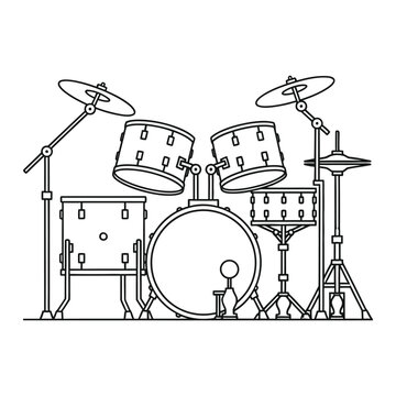 Line art illustration of a complete drum set with cymbals and bass drum isolated on white background
