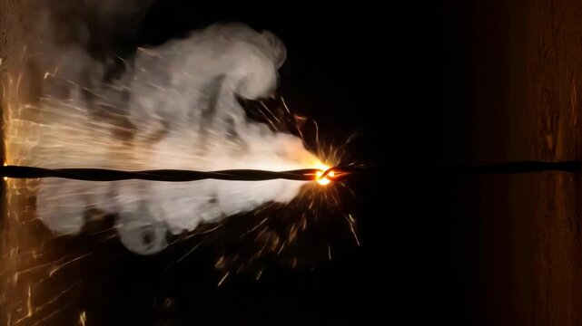 A burning fuse sequence with glowing sparks and white smoke against a dark background. Metaphor for an urgent deadline, imminent danger, risk, and explosive situations
