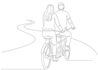 Continuous single line drawing of couple woman man bike ride together love outside back view