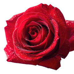 A stunning, macro photograph of a vibrant red rose covered in shimmering dew drops against a deep black background.