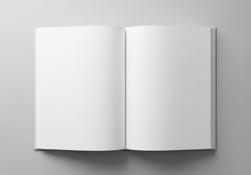 Open blank magazine pages, template mockup for graphic design. Clean white spread, minimalist layout for advertisement, book, album presentation. Tabletop workspace concept with soft wave texture.