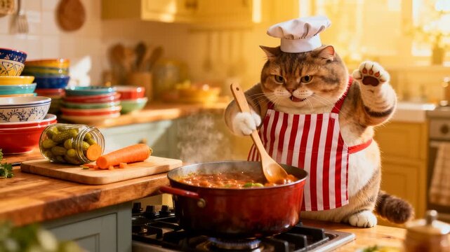 Cooking cat stirring pot on kitchen stove. Chef cat wearing hat and apron prepares meal with steam rising. Panning and tilting camera movement.