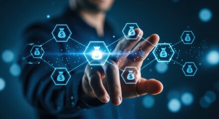 Obraz premium Hand touches digital money bag icon network, symbol of investment, finance, savings. Conceptual image of financial growth, banking, economy. Future tech and business strategy.