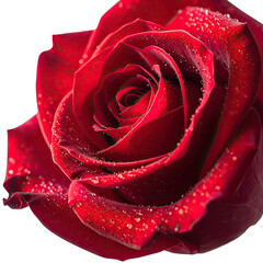 A dramatically lit close-up of a deep red rose covered in sparkling dew drops against a black background.