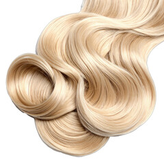 Luminous blonde hair extensions styled in soft, voluminous waves against a black background.