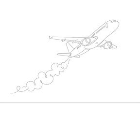 Simple continuous drawing of a passenger aircraft taking off.